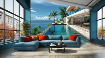 A large pool in the back of an open living room with floor to ceiling windows overlooking coconut palm trees and blue ocean water, a small island off in one side Wall mural