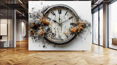 Time running out, wall clock disintegrating, white background Wall mural