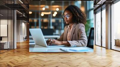 Busy professional young African American business woman company manager, female employee executive wearing suit working in office with laptop computer, Generative AI  Wall mural