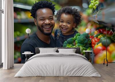 A man is buying vegetables for his family at a grocery store. The children are smiling and seem to be enjoying  Wall mural