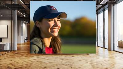 beautiful teenage girl model in a baseball stadium wearing red bomber jacket, hipster rounded glasses and blue cap Wall mural