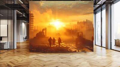 Construction Site at Sunrise with Workers | Early Morning Building and Industrial Progress Wall mural