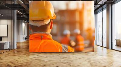 Engineer under inspection and checking the construction process of the railway switch and check the work on the railroad station.Engineer wearing safety uniform and safety helmet Wall mural