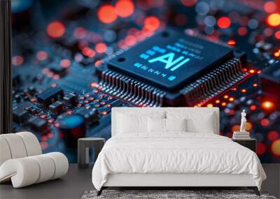 Glowing AI artificial intelligence technology Chipset CPU on circuit board.  technology Concept. Wall mural