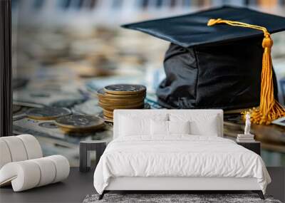 hat graduation model on coins saving for concept investment education and scholarships
 Wall mural