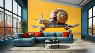 low snail riding a skateboard. Speed increase, reptile courier delivery, transportation, efficient fast movement, time-saving fast delivery  concept  Wall mural