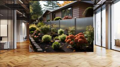 modern fence design concept. concrete sidewalk. white stucco base and fence piers Wall mural