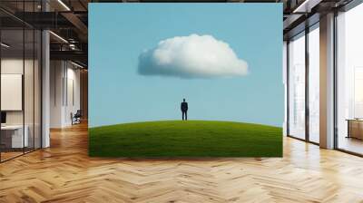 Small Cloud in the Shape of a UFO Floating Over Green Land | Surreal and Imaginative Landscape Photography Wall mural