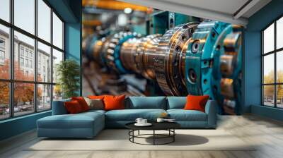 The Marine Engineer is in blue overall and working in the ship's engine room. Work at sea.  Wall mural