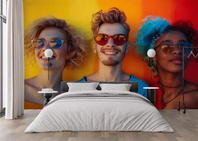 the paper created four cheerful young people in cool colours, collage style, the spectrum of colour Wall mural