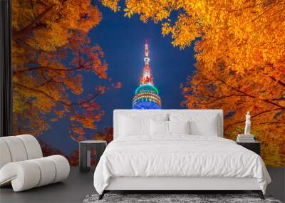 Fall color change at N seoul tower in the autumn where is the landmark of Seoul city in South Korea Wall mural