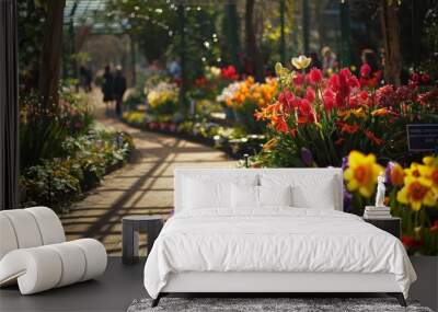 A charming scene of a spring flower festival, beautifully arranged floral displays, visitors admiring the flowers, in a botanical garden. The background includes various types of flowers in full Wall mural