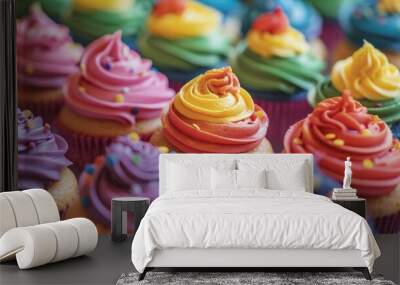 A close-up of colorful pride-themed cupcakes and desserts at a Pride Month celebration Wall mural