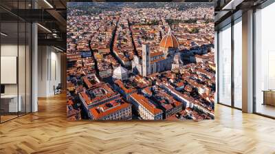 Cathedral of Santa Maria del Fiore aerial drone view in Florence, Italy.  Red-tiled dome, colored marble facade ft. elegant Giotto Tower around Piazza del Duomo square with iconic historic landmarks Wall mural