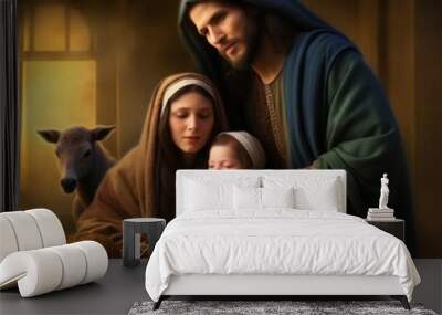 The Holy Family, Jesus, Mary and Joseph. Generative AI Wall mural