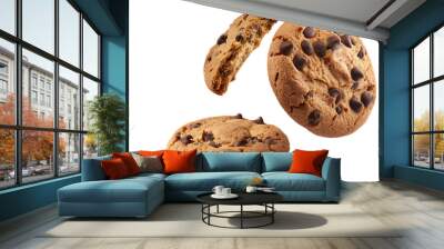 chocolate chip cookies floating/falling isolated on a white background transparent png Wall mural