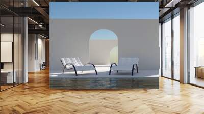 3d rendering cene with pool area in white tone against blue sky under daily sunlight Wall mural