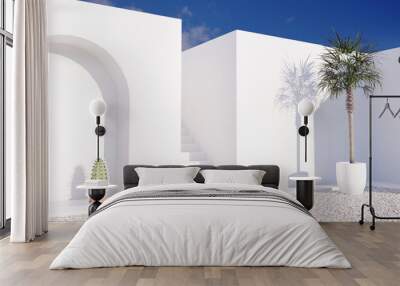 3d rendering outdoor scene with white wall exterior and palm against blue sky Wall mural