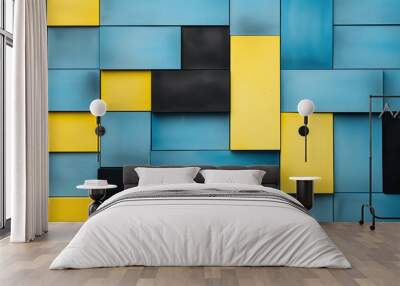 Modern geometric color block pattern with blue, yellow, and black squares in a dynamic arrangement.

 Wall mural