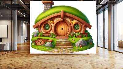 hobbit wooden house with green plants isolated on transparent background Wall mural