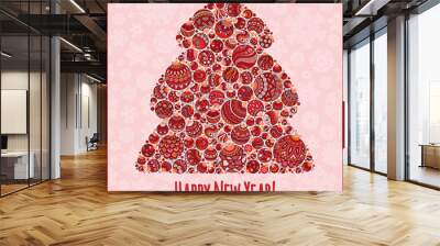 Happy New Year Greeting Card. Christmas tree from balls illustra Wall mural