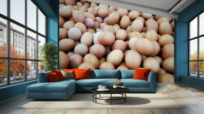 Chicken egg supply in supermarket.  Raw chicken eggs. pile of raw chicken eggs. Egg contains high protein and important for health. Wall mural