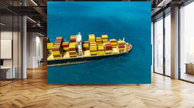 Aerial view of the freight shipping transport system cargo ship container. international transportation Export-import business, logistics, transportation industry concepts Wall mural