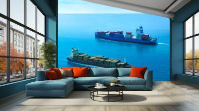 Aerial view of the freight shipping transport system cargo ship container. international transportation Export-import business, logistics, transportation industry concepts Wall mural