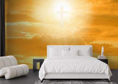 Catholic Christian cross, light of hope in the sky, ask for God's blessing from the Christian faith. Roman Catholic Church Christian concept Wall mural