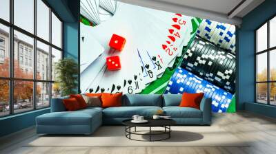 Gambling dice and poker cards in casino and casino chips poker table game business gambling concept Wall mural