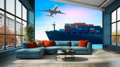 Large ships transport cargo and carry large amounts of containers. Sea shipping by cargo ship. Concept. International. Export-import business, logistics, transportation industry	 Wall mural