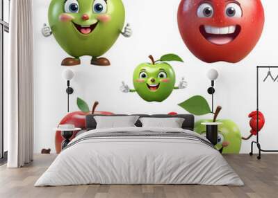 Green and red apple cartoon character set with thumbs up gesture. 3d rendering. Generative AI Wall mural