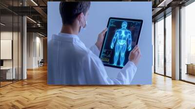 Doctor analyzing holographic patient data on tablet, futuristic health technology, smart healthcare concept Wall mural