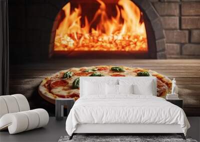 Margarita pizza in traditional brick oven, rich fire texture, 3D illustration Wall mural