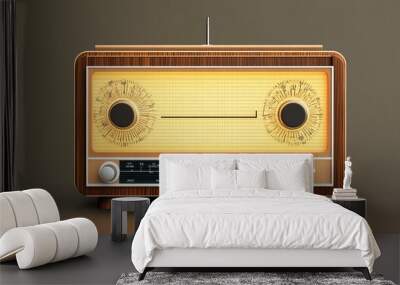 Vintage radio with large tuning dial, glowing backlight, rich wood texture, 3D illustration Wall mural