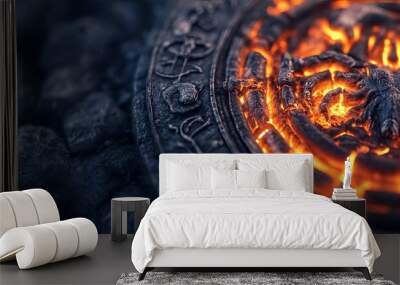 Zodiac symbols made of glowing embers in a darkened forge, crafting the signs, unique and fiery Wall mural