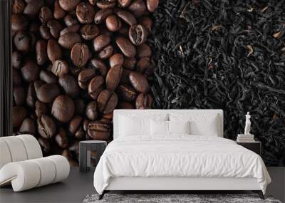 tea or coffee. coffee beans and natural black tea top view. coffee vs. tea. choice of drink concept Wall mural