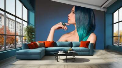 sexy girl with jewelry ring and blue hair Wall mural