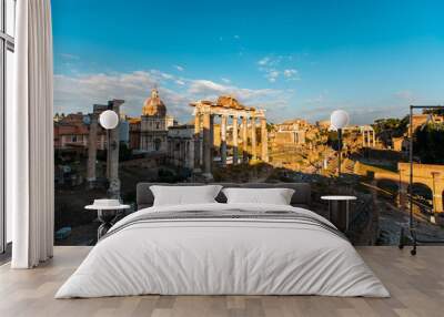 Elevated view of old ruins of Roman Forum, Rome Wall mural