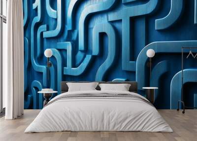 A blue, 3D, abstract pattern of connected, curved shapes creates a maze-like design on a wall Wall mural