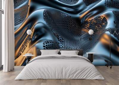 Flowing metallic mesh with perforated surfaces in warm and cool tones. Digital art concept for futuristic design, technology, and abstract textures. Wall mural