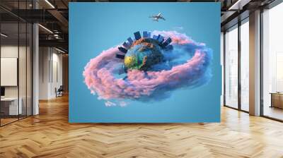 airplane flies over the small planet Wall mural