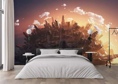 flight over the megapolis at sunset Wall mural