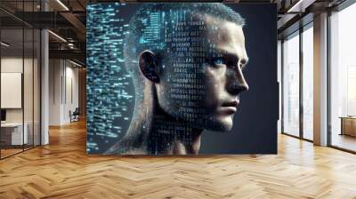 human head in digital data stream Wall mural