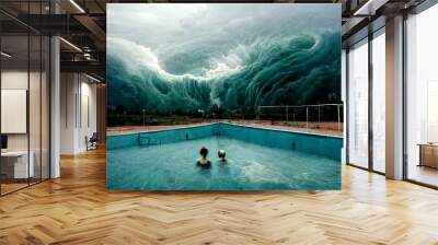 The couple is resting in the pool during a thunderstorm Wall mural