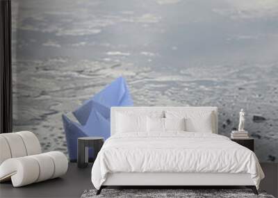 three paper boats sail on frozen water Wall mural