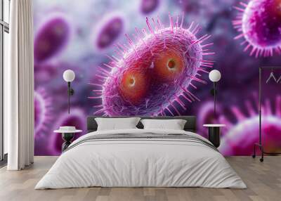 3D representation of Coronavirus, Influenza, SARS, and Monkeypox virus cells under a microscope. Banner layout with room for text. Highlighting viral infection, public health, and epidemic research. Wall mural