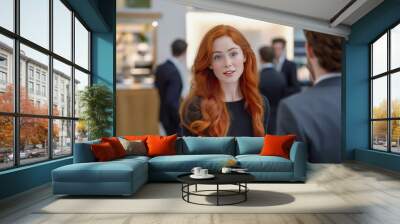 A red-haired businesswoman in formal attire engages in conversation with a male colleague at a corporate event or business networking environment. Communication and leadership concept. Wall mural