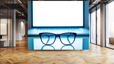 Computer eyeglasses in front of a laptop, low-key image. Blue light blockers and laptop in dark background, eye fatique problem concept Wall mural