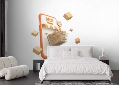 3D. supermarket cart mobile phone online shopping fast delivery service Wall mural